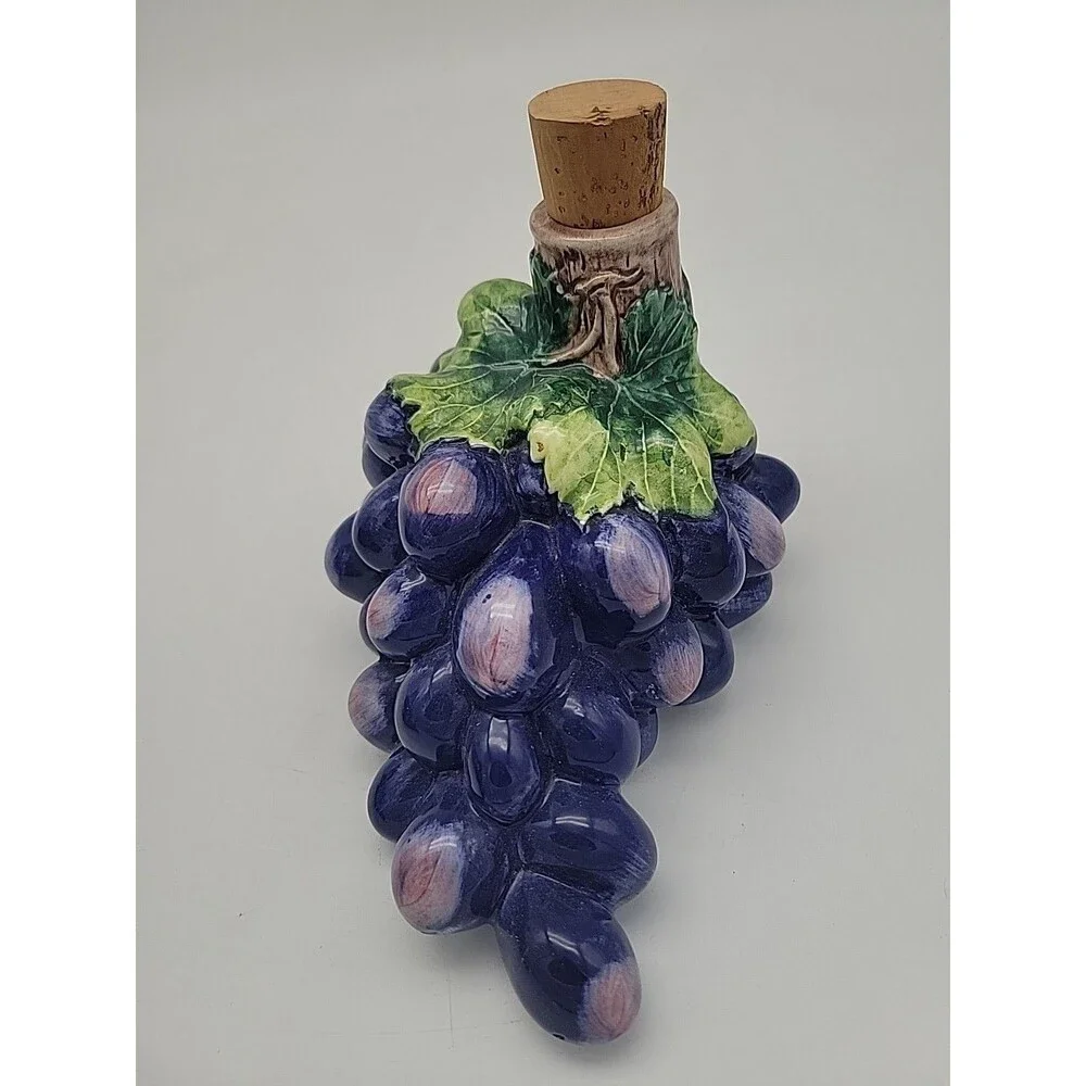 Mid Century Vintage Hand Painted Ceramic Grape Cluster Cork Wine Decanters Italy